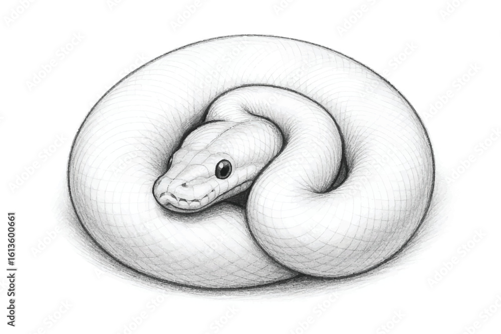 Fototapeta premium Hand drawn pencil illustration of a snake curled into a circle, showcasing detailed texture and shading