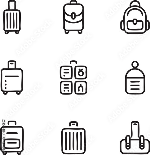 Travel luggage vector icon set outline style,editable stroke suitcase,backpack,baggage claim,carryon,duffel bag,travel accessories,travel icon set