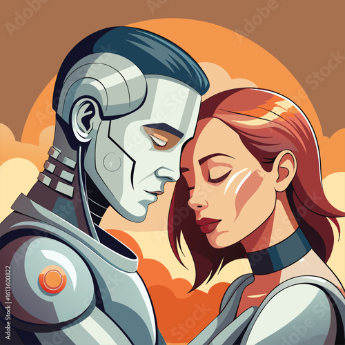 A futuristic couple share a tender moment of connection and love against a warm, hazy sunset background symbolizing unity and the future of relationships