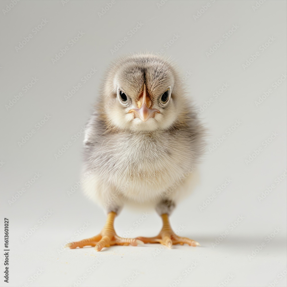 Small grey and yellow baby chicken chick standing on white background looking angry Small grey and yellow baby chicken chick standing on white background looking angry