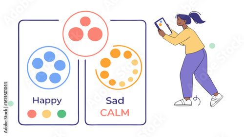 Illustration showing happy sad and calm emotions with woman using device and emotion visualization