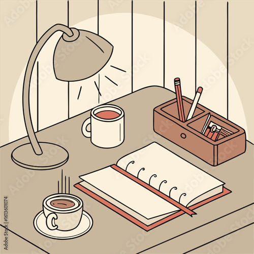 A desk scene featuring a lamp, two cups, a notebook, and a stationery organizer in a cozy illustration