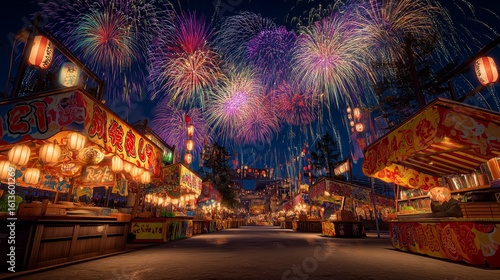 日本の夏祭り、屋台が並ぶ賑やかな夜市と花火
