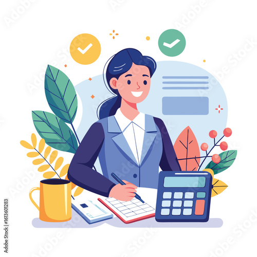 Businesswoman calculating budget with calculator, financial planning concept, professional female accountant working on finances, budgeting, accounting, and expense management vector illustration.