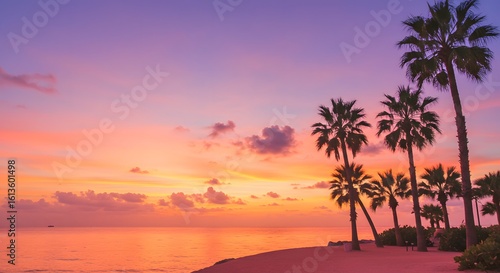 Fototapeta Naklejka Na Ścianę i Meble -  Tropical beach scene with palm trees silhouetted against a vibrant sunset sky over the ocean water