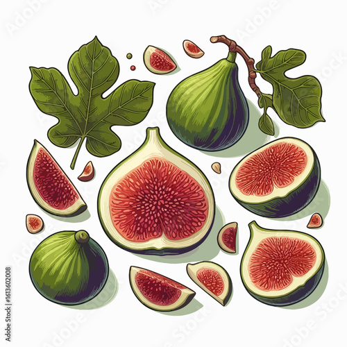 Digital illustration displays various figs, slices, and leaves in a visually appealing, colorful composition against a white backdrop.