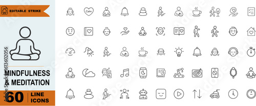 Mindfulness & Meditation Icon Set – 60 Line Symbols for Wellness, Relaxation, and Mental Health Interfaces