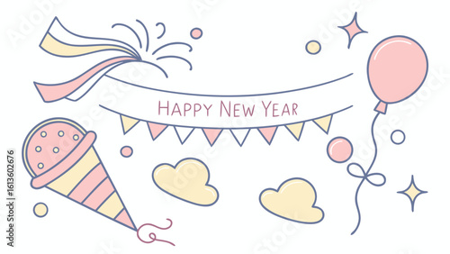 Illustration of happy new year banner with party streamer ice cream clouds and balloon in pastel colors