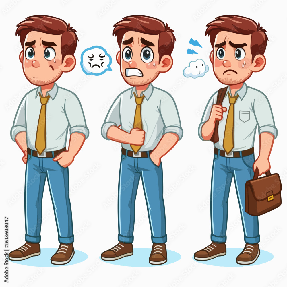 Fototapeta premium Cartoon depiction of three male figures in business attire, displaying different expressions of distress, frustration, and anxiety.