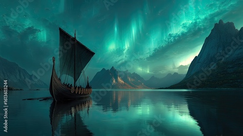 Viking longship at sea under vibrant aurora borealis