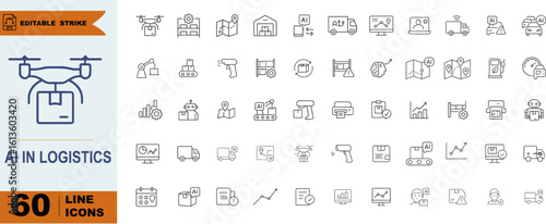 AI in Logistics Icon Set – 60 Line Symbols for Smart Delivery, Warehouse Automation, and Supply Chain Technology