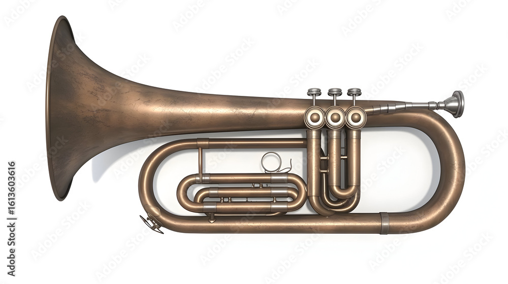 Obraz premium Antique brass cornet, showcasing a vintage design with a copper-like finish, and a long curved bell, valves, and a mouthpiece