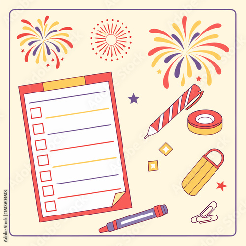 Festive stationery and checklist with fireworks on a light yellow background in a square frame