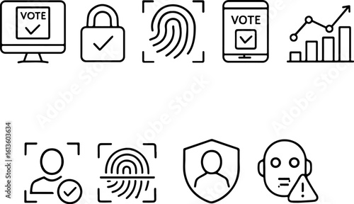 Online Voting and Identity Security Icon Pack – 9 Line Icons Featuring Digital Ballots, Biometric Authentication, Civic Interfaces & Voting Analytics Tools
