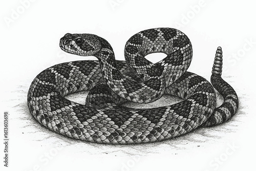 Intricate pencil drawing of a coiled rattlesnake, showcasing its distinctive scales and natural habitat