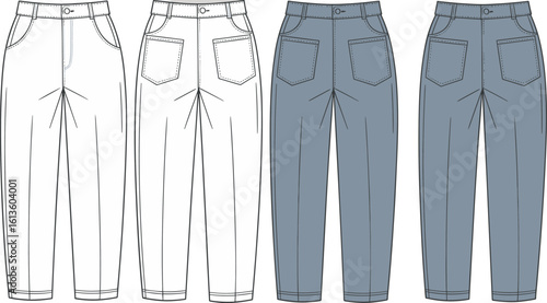 High waist pleated denim jeans flat sketch, fashion cad drawing, women’s casual pants design, vector technical clothing illustration