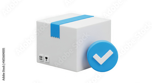 3d rendered white cardboard box with blue tape and a green checkmark isolated on transparent background