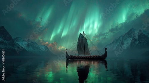 Viking longship on a tranquil lake under a vibrant aurora borealis