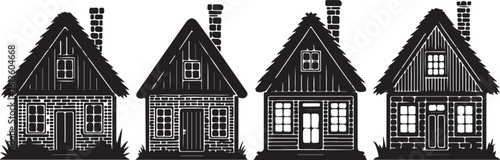 Four black and white rustic cabin houses with thatched roofs