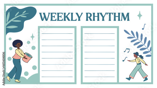 A visually appealing weekly rhythm planner featuring two people engaged in activities surrounded by decorative elements and musical notes perfect for organizing tasks and schedules