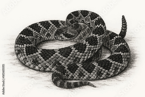 realistic black and white rattlesnake sketch, intricate texture, serpent art