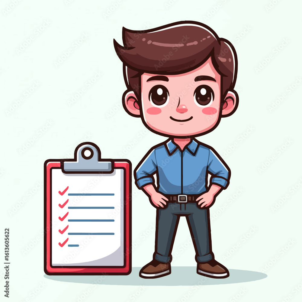 Cheerful cartoon boy stands next to a clipboard filled with a checklist. He is dressed in casual business attire. Cheerful cartoon boy stands next to a clipboard filled with a checklist. He is dressed in casual business attire.