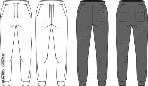 Jogger pants front and back view flat sketch, drawstring waistband, cuffed ankle design, CAD fashion illustration, vector apparel template