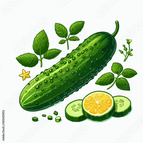 Detailed illustration showcases a whole cucumber and slices, alongside a lemon and leafy greens.  The vibrant colors and detailed textures of the fruit are featured against a white background.