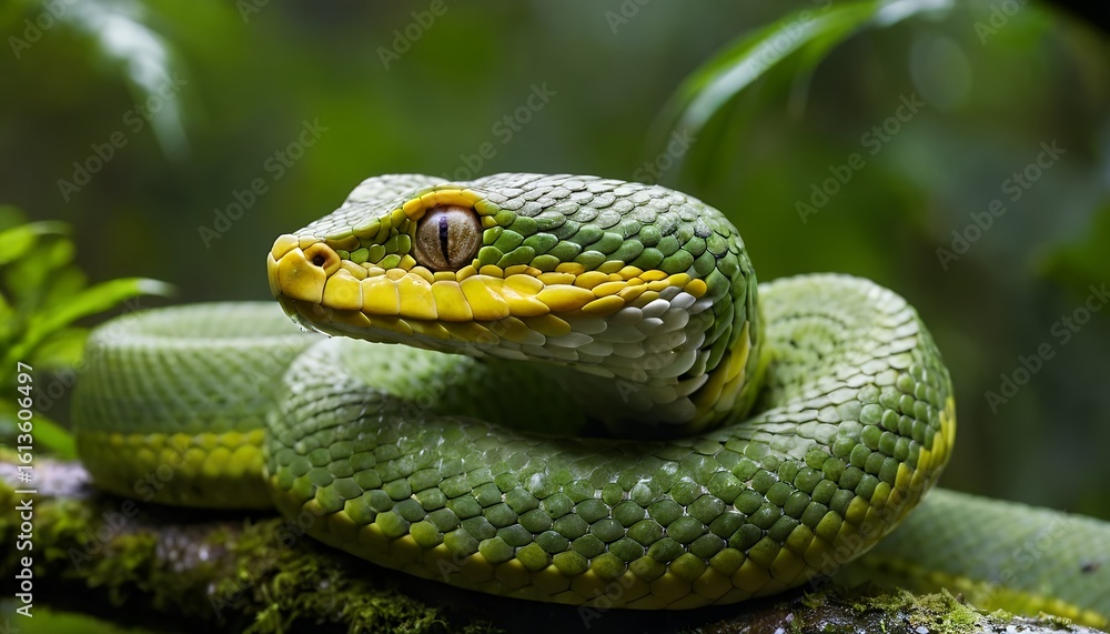 Obraz premium Vibrant Green Pit Viper Coiled on Mossy Branch