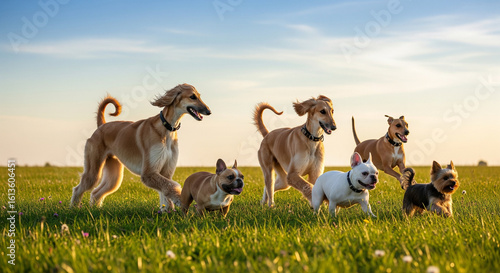 Cena energética com vários cães, incluindo Saluki e Bulldog Francês, correndo em um prado ensolarado.
