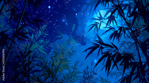 The background is the night sky, with stars and moonlight shining through bamboo leaves