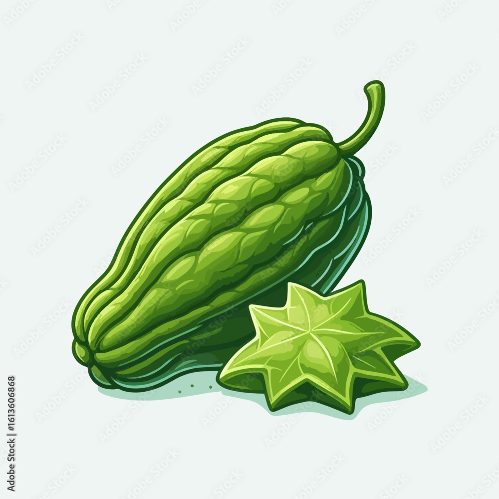 Vibrant graphic design of a gourd and a star fruit, presented in a bright green color scheme,  emphasizing the detailed features of the produce.