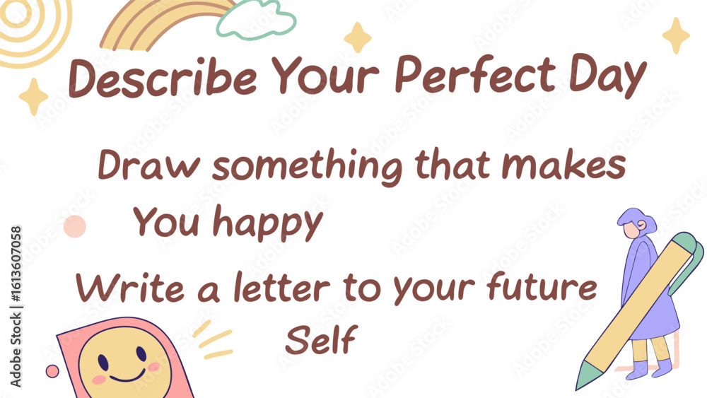Obraz premium Inspiring prompts for self reflection and creativity describe your perfect day draw happiness and write to your future self