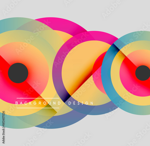 Vibrant overlapping circles create abstract composition. Modern design features bright hues, gradients, smooth transitions. Minimalist background enhances visual impact.