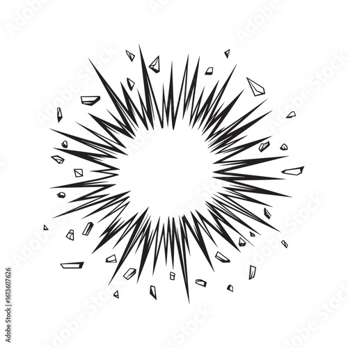 Cartoon explosion silhouette. Black comic book blast, bang, or pow effect with flying debris. Dynamic radial burst isolated on white background