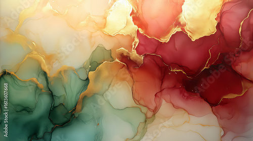 Abstract Alcohol Ink Painting with Gold, Red and Green Fluid Texture