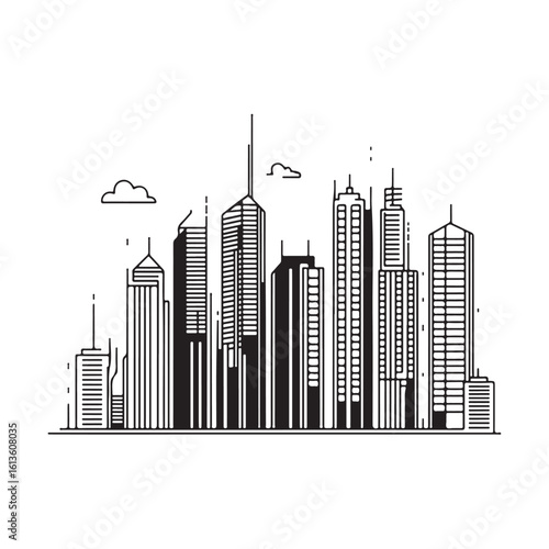 modern city skyline with skyscrapers silhouette, modern city skyline with skyscrapers vector illustration, A stylized black silhouette of city skylines featuring modern skyscrapers