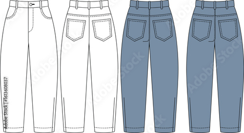Straight fit high waist jeans cad sketch, fashion pants technical flat drawing, women denim vector illustration, back pocket design