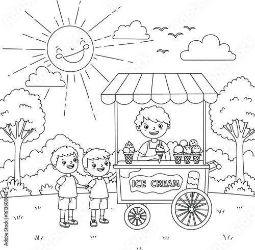 Joyful children buying delicious ice cream from a cart in a park on a sunny day. A cartoon coloring page illustration of a summer scene.
