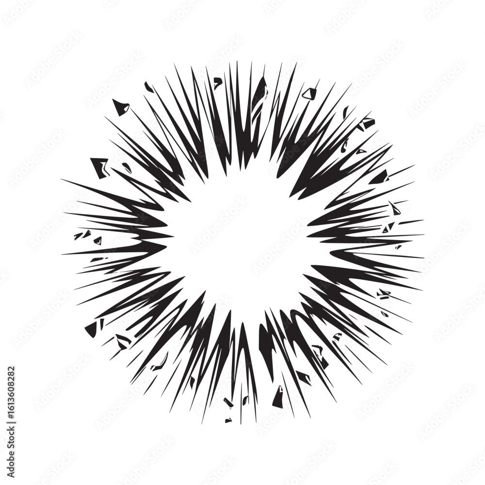 Obraz premium Cartoon explosion silhouette. Black comic book blast, bang, or pow effect with flying debris. Dynamic radial burst isolated on white background