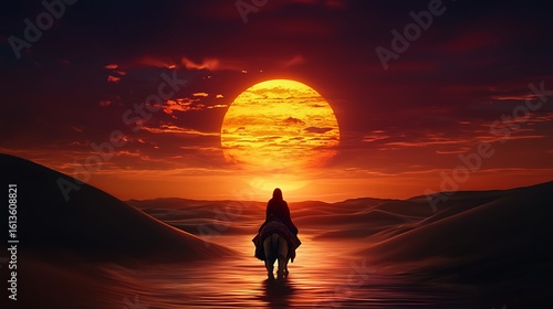 Majestic Desert Sunset Person Riding Camel Towards Giant Sun