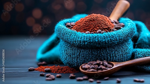 Rich Cocoa Powder and Roasted Cacao Beans in Teal Bag Dark Background