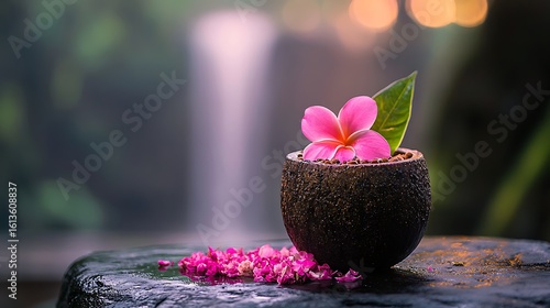 Serene Spa Setting Pink Plumeria Flower in Coconut Bowl with Petals Waterfall Background