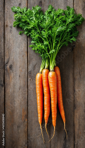 Top-down view of fresh orange carrots with greens on a rustic wooden table.
