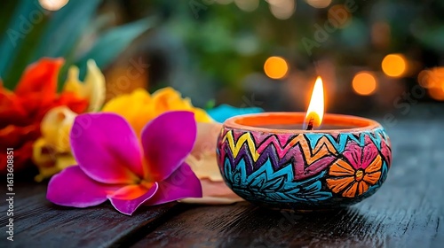 Vibrant Hand Painted Candle with Tropical Flowers and Bokeh Background