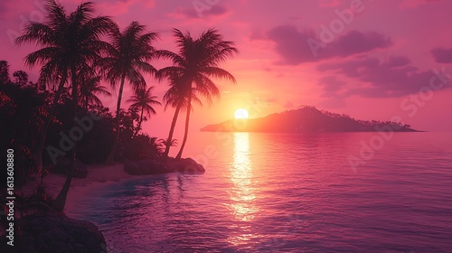 Vibrant Pink Sunset over Tropical Island Beach with Palm Trees Silhouetted