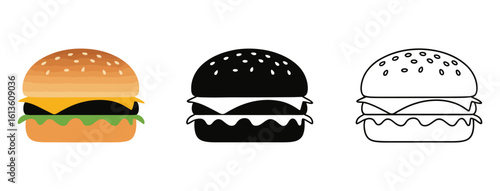 WebVector art of three burger illustrations show a progression from color to black and white outline isolated on white background
