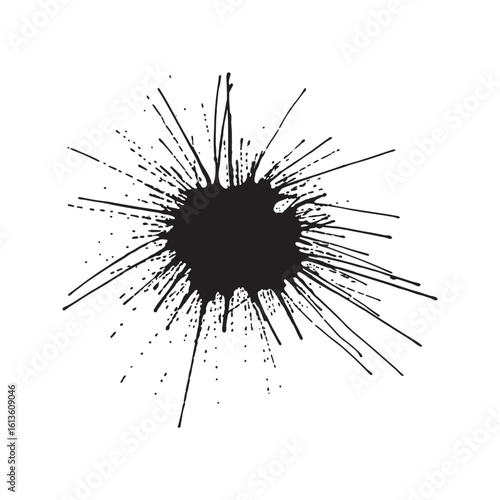 Black ink splatter. Abstract grunge paint splash with messy drops isolated on white background