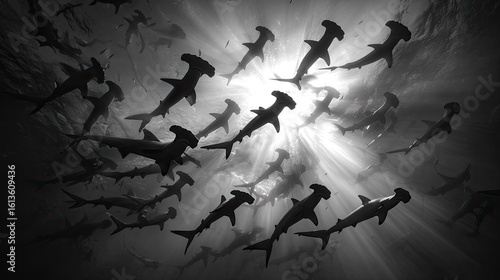 Silhouettes of hammerhead sharks, sunburst