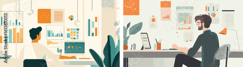 Businessman working at desk with computer and charts on wall vector illustration concept for business analysis strategy planning and management